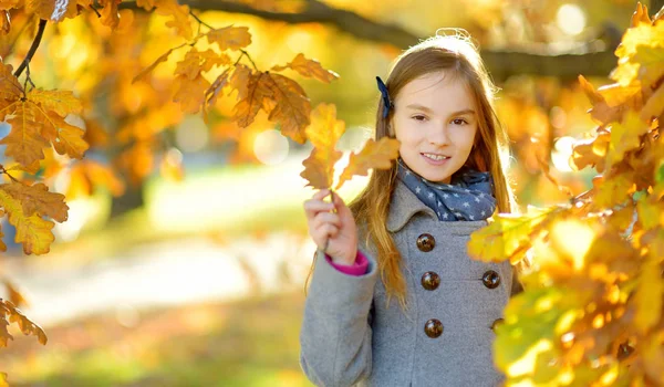 Niedliches Kleines Mädchen Das Einem Schönen Herbsttag Spaß Hat Glückliches — Stockfoto