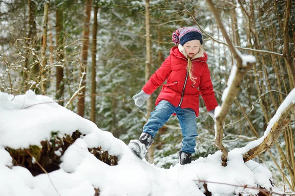 可爱的小女孩在美丽的冬季森林乐趣 快乐的孩子在雪地里玩耍 儿童冬季活动 — 图库照片