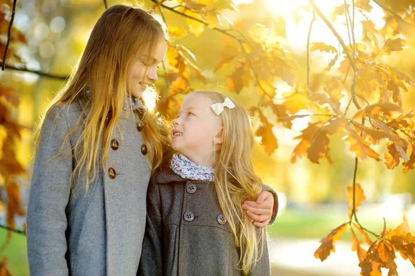 Duas Meninas Bonitos Divertindo Belo Dia Outono Crianças Felizes Brincando — Fotografia de Stock