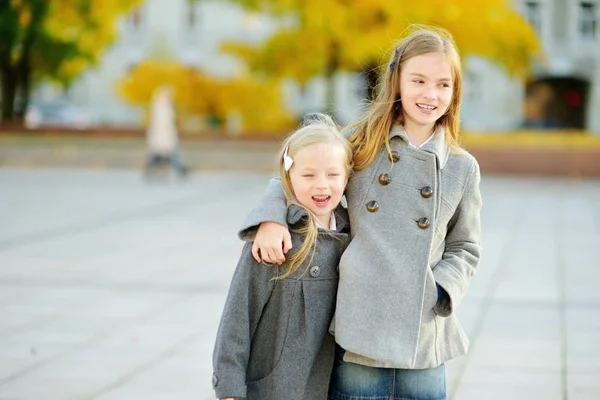 Duas Meninas Bonitos Divertindo Belo Dia Outono Crianças Felizes Brincando — Fotografia de Stock