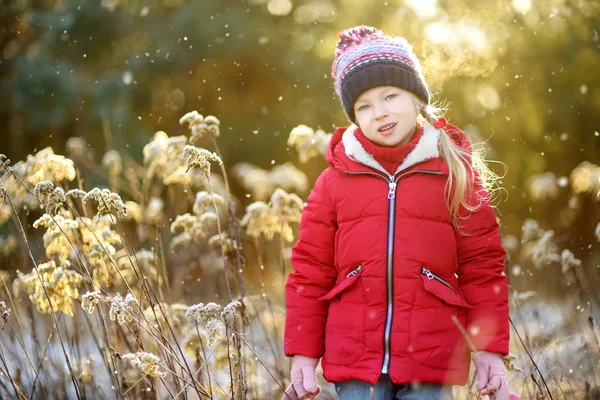 Sevimli Küçük Kız Eğleniyor Güzel Kış Park Güneşli Soğuk Kış — Stok fotoğraf