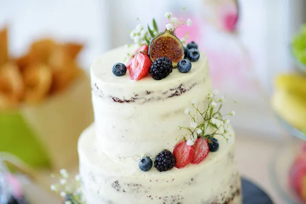 Delicious Chocolate Wedding Cake Decorated Various Fruits Berries — Stock Photo, Image