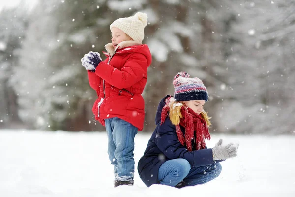 Güzel Kış Park Içinde Birlikte Eğleniyor Iki Sevimli Küçük Kız — Stok fotoğraf