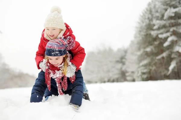 Dvě Rozkošné Holčičky Bavit Společně Winter Parku Krásné Sestry Hrají — Stock fotografie