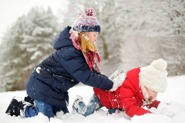 Güzel Kış Park Içinde Birlikte Eğleniyor Iki Sevimli Küçük Kız — Stok fotoğraf