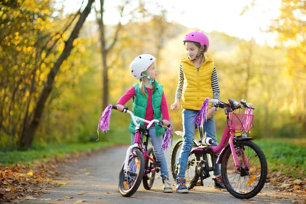 可爱的小姐妹骑自行车在一个城市公园在晴朗的秋天天 有孩子的家庭休闲活动 骑自行车时佩戴安全赫米特的儿童 — 图库照片