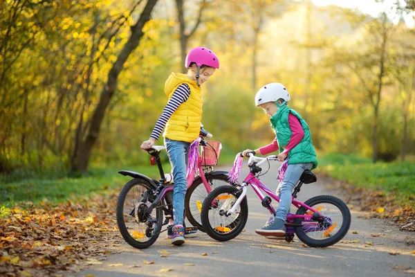 かわいい妹晴れた秋の日に都市公園でバイクに乗る 子供とアクティブなファミリー向けのレジャーです 自転車に乗りながら安全ヘメットを着た子供たち — ストック写真