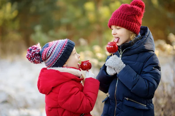 赤いリンゴを食べる 人のかわいい姉妹は美しい日当たりの良いクリスマスの日に砂糖のアイシングで覆われています 魔法のクリスマスの時期にお菓子 キャンディー ジンジャーブレッドを楽しむ子どもたち — ストック写真