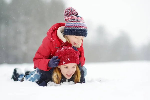 两个可爱小女孩一起在美丽的冬季公园开心 漂亮的姐妹在雪地里玩 孩子们的冬季活动 — 图库照片