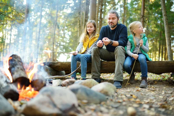 可爱的小妹妹和他们的父亲烤棉花糖棒在篝火 孩子们在营火中玩耍 在秋天的森林里和孩子们一起露营 秋季家庭休闲与孩子 — 图库照片