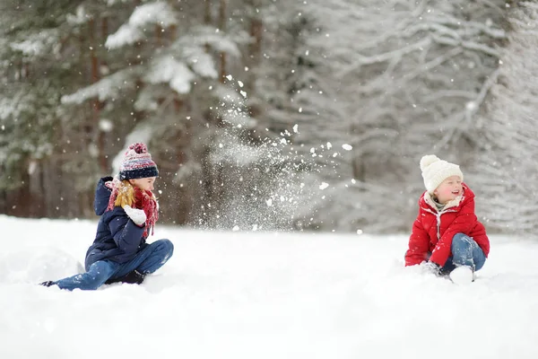 Två Bedårande Små Flickor Att Roligt Tillsammans Vackra Vinter Park — Stockfoto