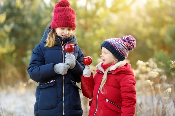 赤いリンゴを食べる 人のかわいい姉妹は美しい日当たりの良いクリスマスの日に砂糖のアイシングで覆われています 魔法のクリスマスの時期にお菓子 キャンディー ジンジャーブレッドを楽しむ子どもたち — ストック写真