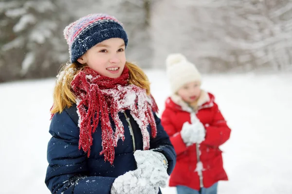 Dvě Rozkošné Holčičky Bavit Společně Winter Parku Krásné Sestry Hrají — Stock fotografie