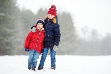 İki küçük kız güzel kış park içinde birlikte eğleniyor