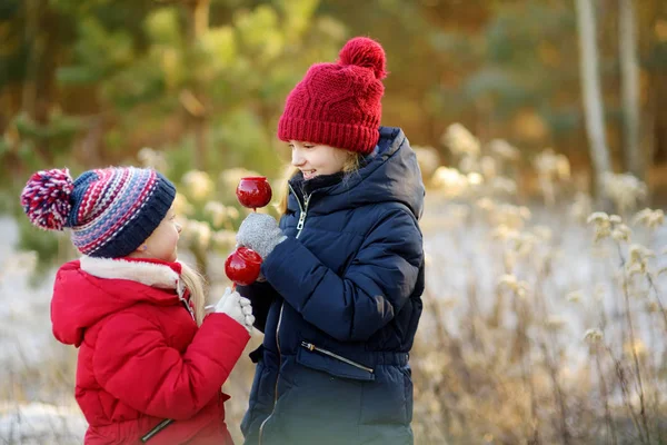 Zwei Entzückende Schwestern Essen Rote Äpfel Mit Zuckerguss Bedeckt Schönen — Stockfoto