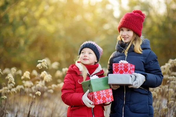 Adorabili Bambine Che Tengono Mucchi Regali Natale Nella Bella Giornata — Foto Stock