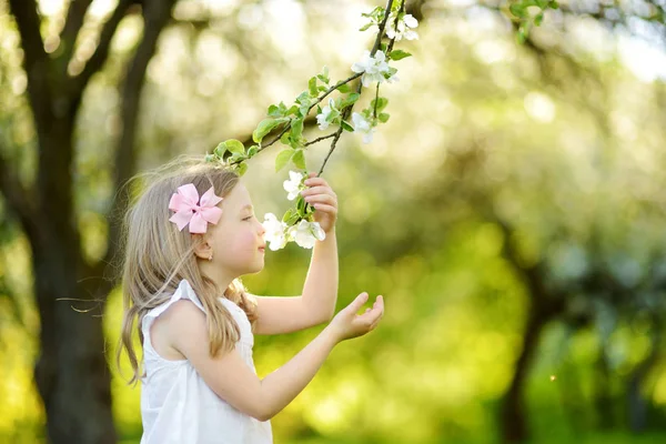 Adorável Menina Jardim Árvore Maçã Florescendo Belo Dia Primavera — Fotografia de Stock