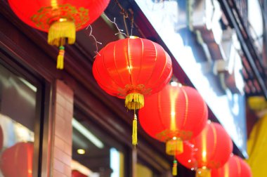 Beautiful red chinese lanterns and decorations in Chinatown, New York City clipart