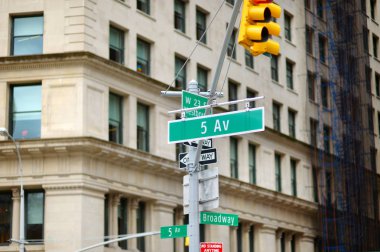 Broadway street ve New York City'deki 5th Ave kesişme noktalarında sokak tabelası