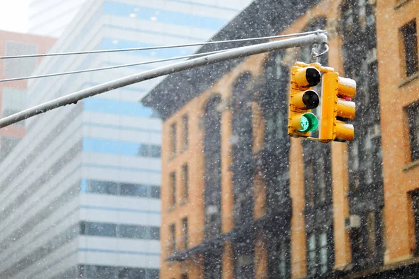 Semáforos Nueva York Con Rascacielos Segundo Plano — Foto de Stock