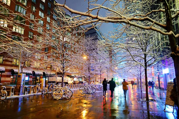 Bela Rua Nova York Após Queda Neve Maciça Noite Inverno — Fotografia de Stock