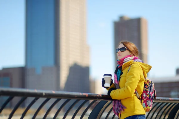 Happy Young Woman Tourist Drinking Coffee Downtown Manhattan New York — Stock Photo, Image