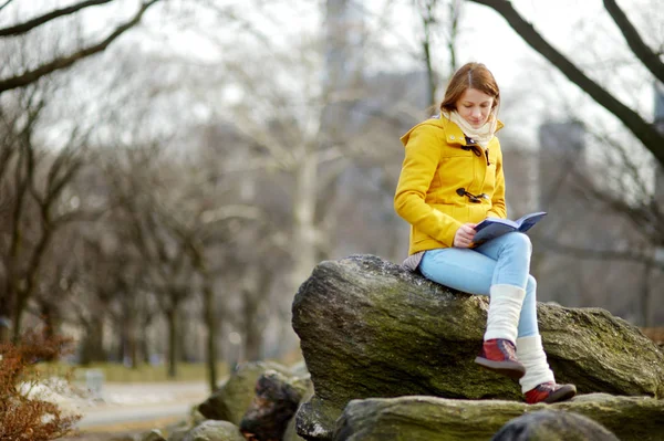 Happy Young Woman Tourist Reading Book Central Park New York — Stock Photo, Image