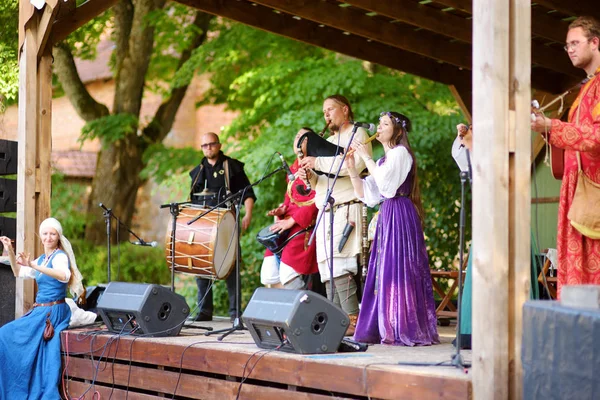 Trakai Lithuania Junho 2018 Ativistas Históricos Reencenação Tocando Folk Rock — Fotografia de Stock