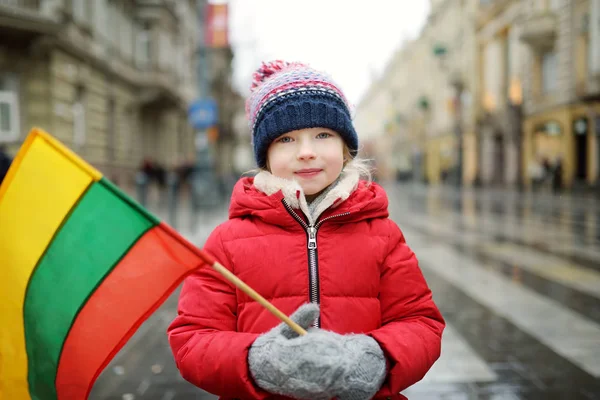 Girl Celebrating Lithuanian Independence Day Holding Tricolor Lithuanian Flag Vilnius — Stock Photo, Image