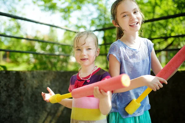 Adorables Niñas Jugando Con Pistolas Agua Caluroso Día Verano —  Fotos de Stock