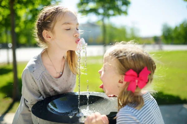 Twee Zussen Hebben Plezier Drinkwater Fontein Warme Zomerdag — Stockfoto