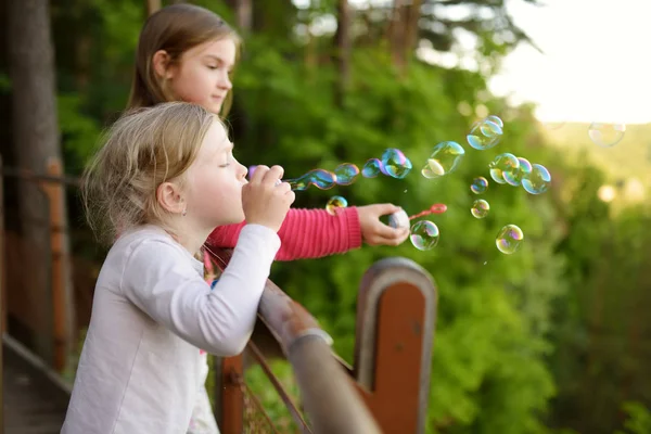 Cute Little Girls Blowing Soap Bubbles Beautiful Summer Day — Stock Photo, Image