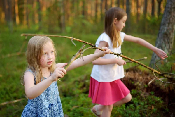 Dos Hermanas Jóvenes Lindas Que Divierten Durante Caminata Por Bosque — Foto de Stock