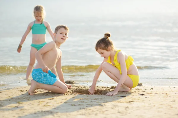 Gruppo Fratelli Che Divertono Sulla Spiaggia Sabbiosa Nella Calda Soleggiata — Foto Stock