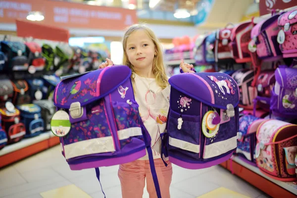 Cute Little Girl Choosing Schoolbag Starting Classes — Stock Photo, Image