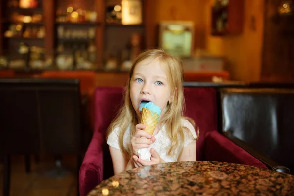 Cute Girl Eating Tasty Fresh Ice Cream Indoors Child Eating — Stock Photo, Image