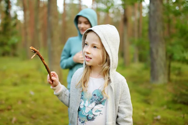 Dos Hermanas Jóvenes Lindas Que Divierten Durante Caminata Por Bosque — Foto de Stock