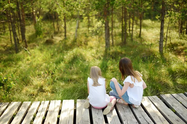 Deux Adorables Jeunes Filles Attrapant Des Bébés Grenouilles Dans Forêt — Photo