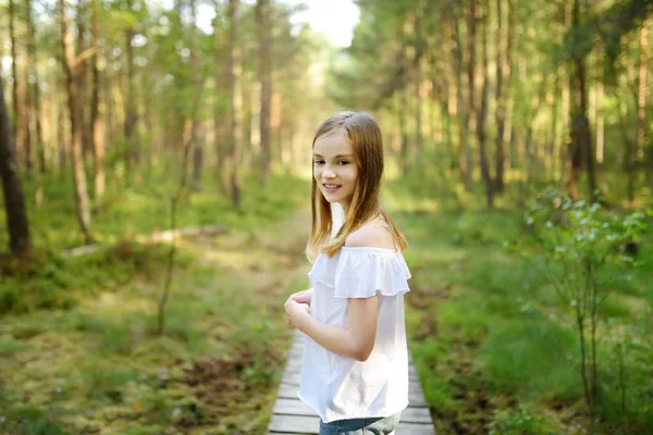 Cute Young Girl Walking Forest Summer Day — Stock Photo, Image
