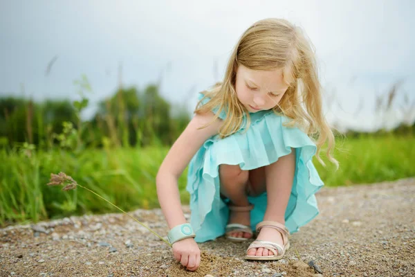 Schattig Klein Meisje Plezier Buiten Zonnige Zomeravond — Stockfoto