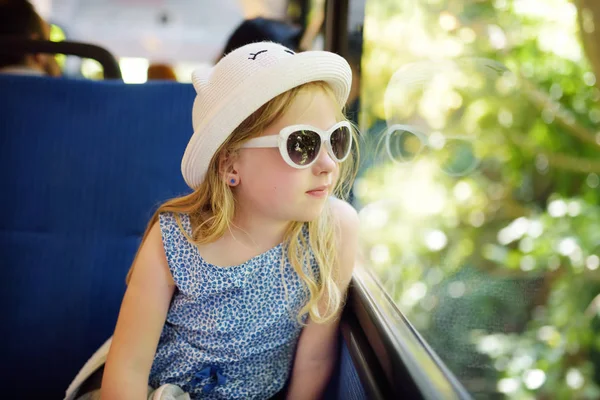 Cute Young Girl Traveling Train Summer Day Child Sitting Window — Stock Photo, Image