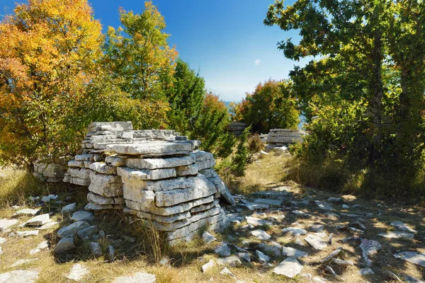 Pădurea de piatră, formarea de roci naturale, creată de mai multe straturi de piatră, situată în apropierea satului Monodendri din regiunea Zagori, nordul Greciei . — Fotografie, imagine de stoc