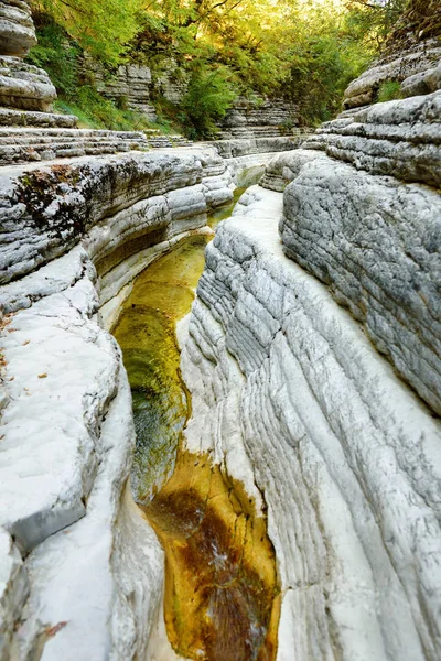 Papingo 岩のプール、ovires、Zagori 地域、ギリシャの Papingo の村の近くの小さな滑らかな壁に囲まれた渓谷にある自然の緑水プールとも呼ばれます. — ストック写真