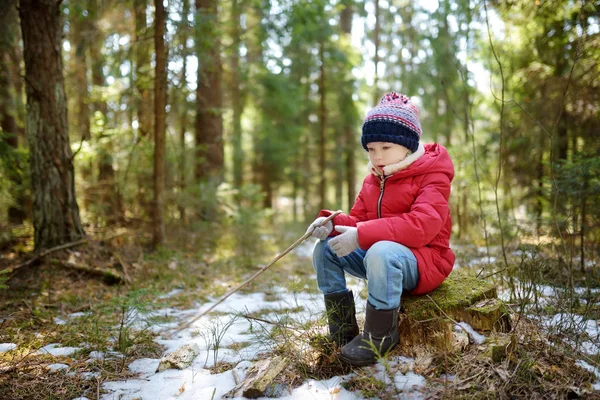 Cute Młoda Dziewczyna Zabawy Podczas Wędrówki Lesie Piękny Zimowy Dzień — Zdjęcie stockowe