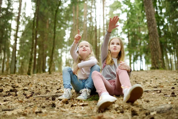 Två Söta Unga Systrar Kul Skogen Vandra Vacker Tidig Vårdag — Stockfoto