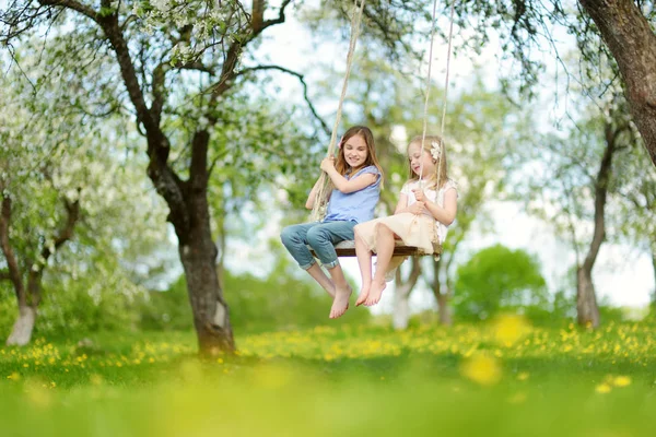 Dos Hermanas Lindas Divirtiéndose Columpio Floreciente Jardín Manzanos Viejos Aire —  Fotos de Stock