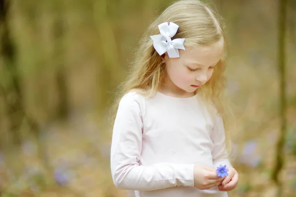 Adorable Little Girl Picking First Flowers Spring Woods Beautiful Sunny — Stock Photo, Image