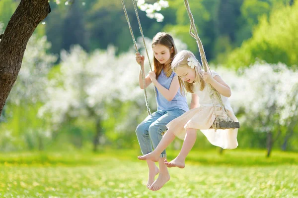 Två Söta Systrar Kul Gunga Blommande Gamla Apple Tree Garden — Stockfoto