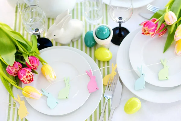Beautiful Table Setting Crockery Flowers Easter Celebration Glassware Cutlery Catered — Stock Photo, Image
