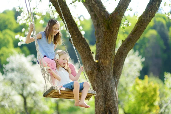Två Söta Systrar Kul Gunga Blommande Gamla Apple Tree Garden — Stockfoto